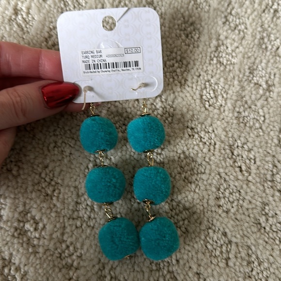 Charming Charlie Turquoise Pom Pom fuzzy earrings NWT - Picture 4 of 4